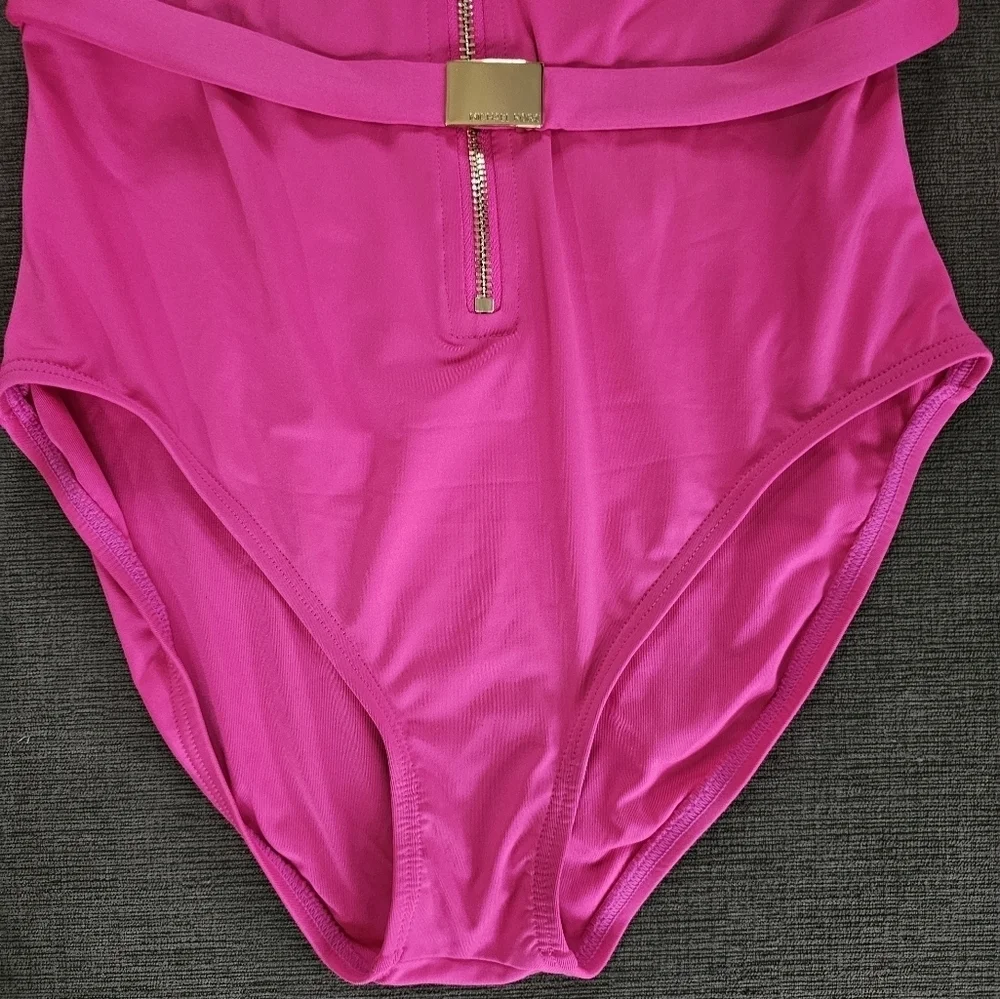 Michael Kors Pink long Sleeve Zip Up Logo Belt One Piece Paddle Swimsuit Size 8